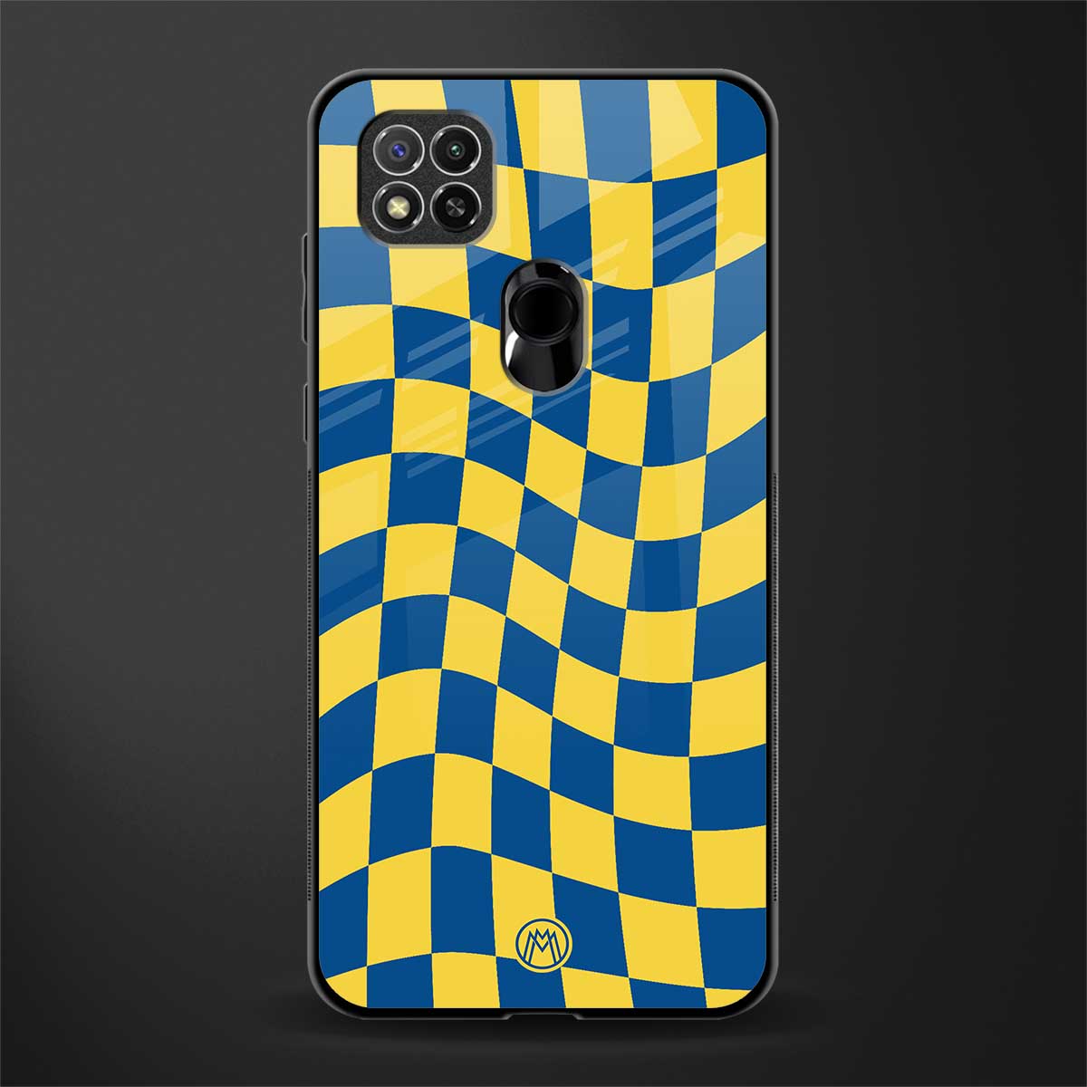 yellow blue trippy check pattern glass case for poco c31 image