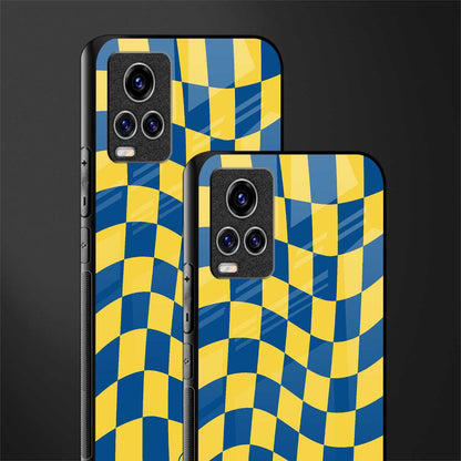 yellow blue trippy check pattern glass case for vivo v20 pro image-2