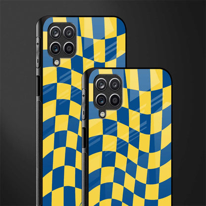 yellow blue trippy check pattern glass case for samsung galaxy m12 image-2
