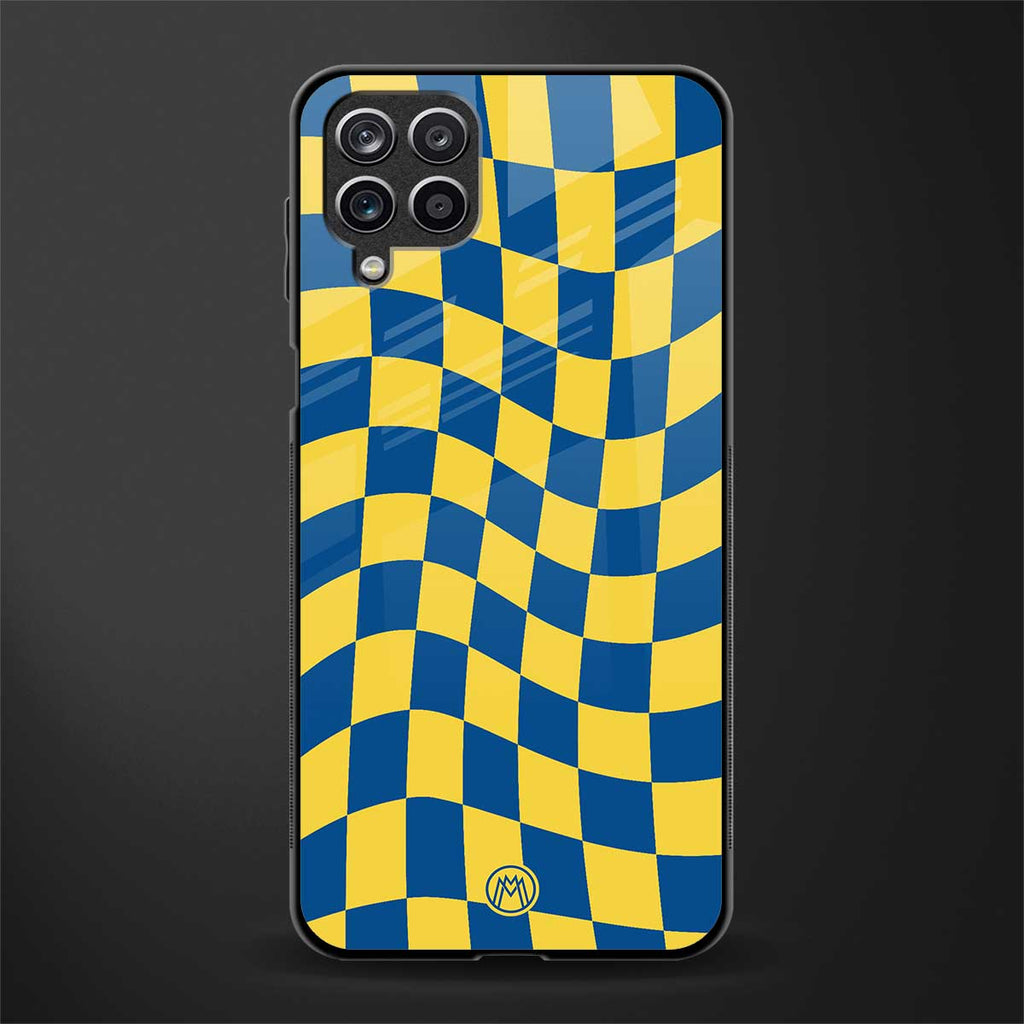 yellow blue trippy check pattern glass case for samsung galaxy a12 image