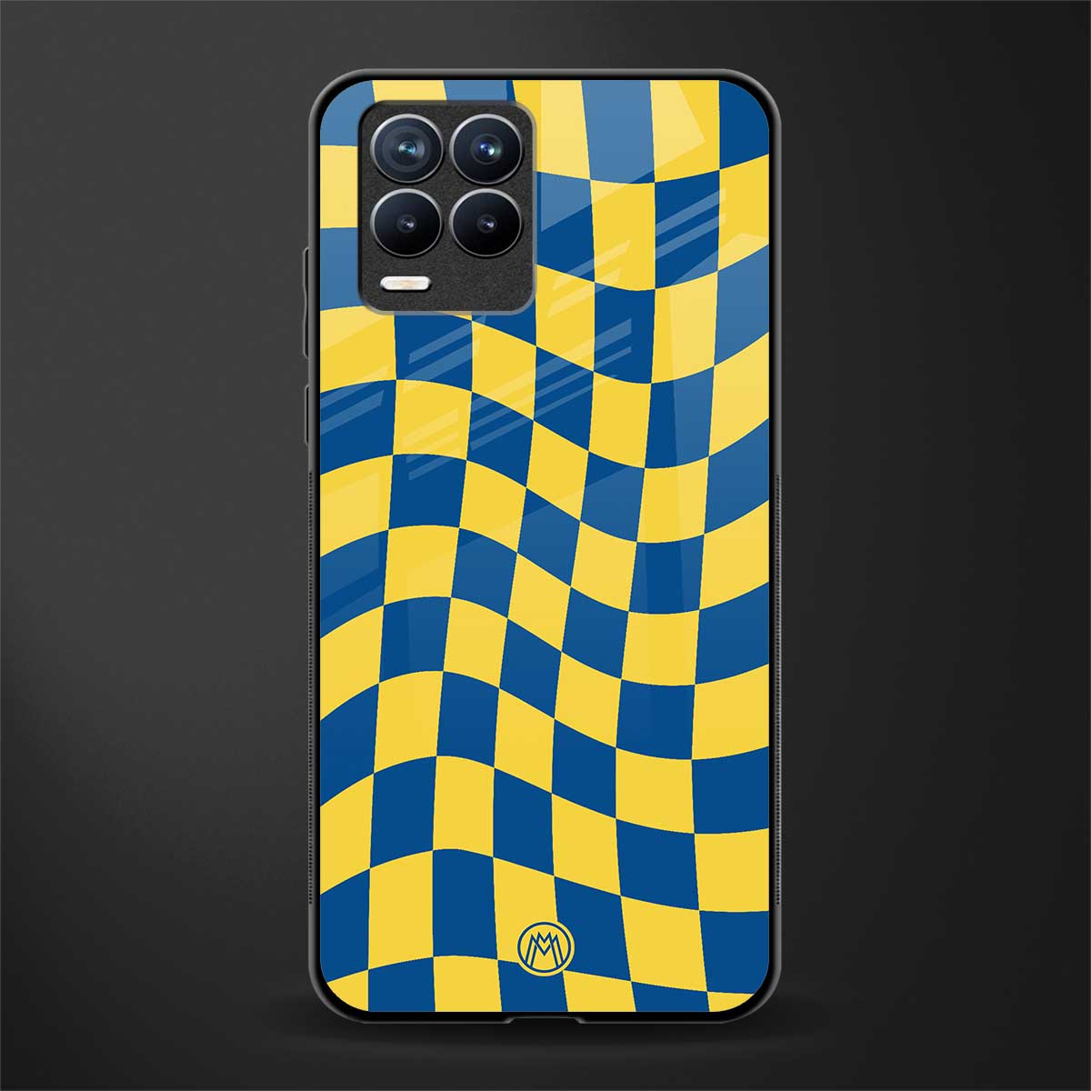 yellow blue trippy check pattern glass case for realme 8 pro image