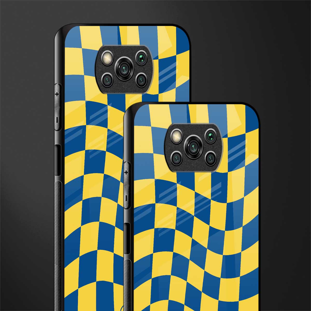 yellow blue trippy check pattern glass case for poco x3 pro image-2