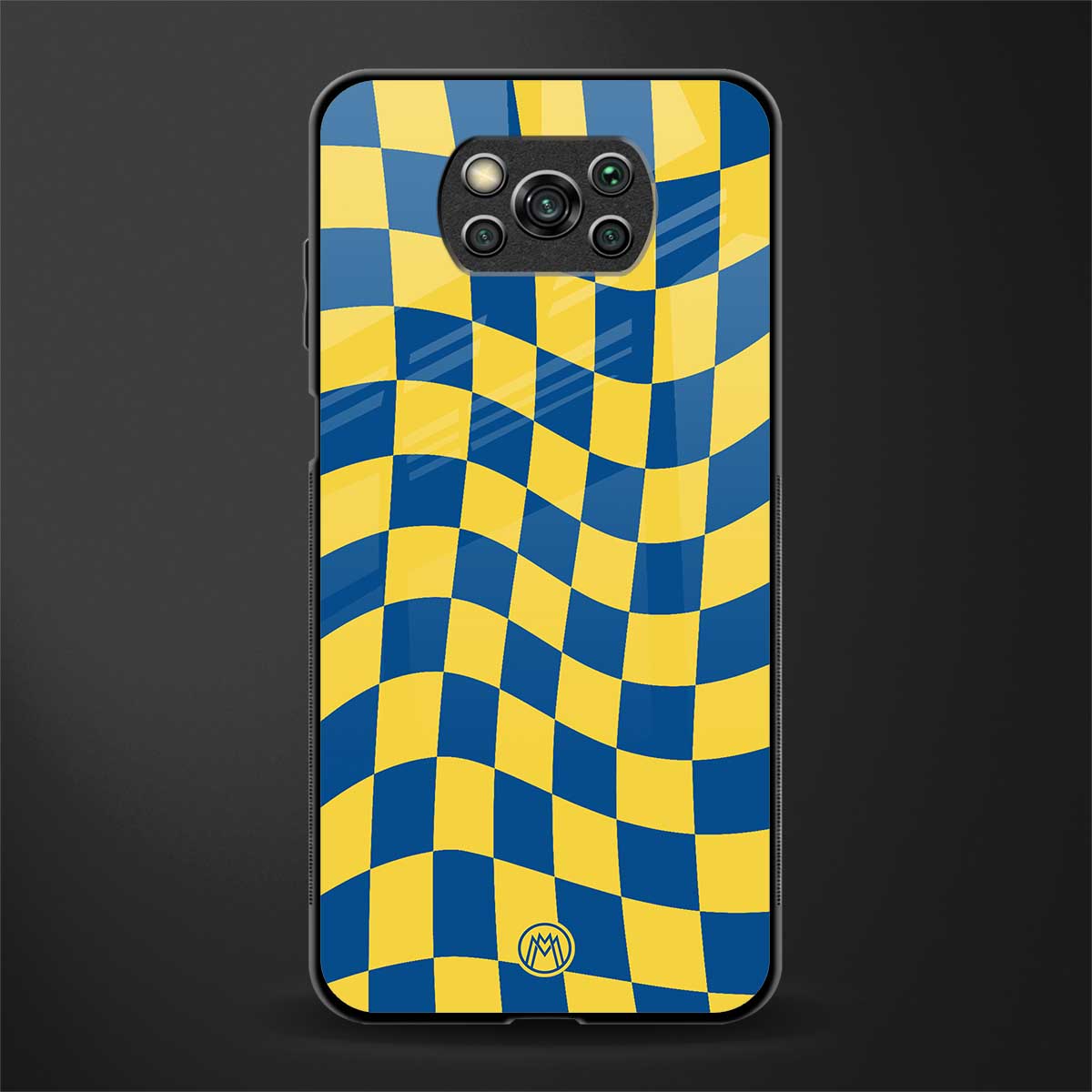 yellow blue trippy check pattern glass case for poco x3 pro image