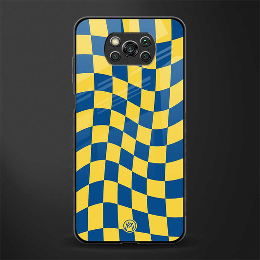yellow blue trippy check pattern glass case for poco x3 pro image