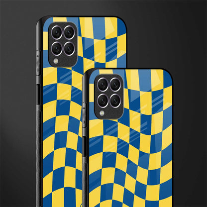 yellow blue trippy check pattern glass case for samsung galaxy f62 image-2