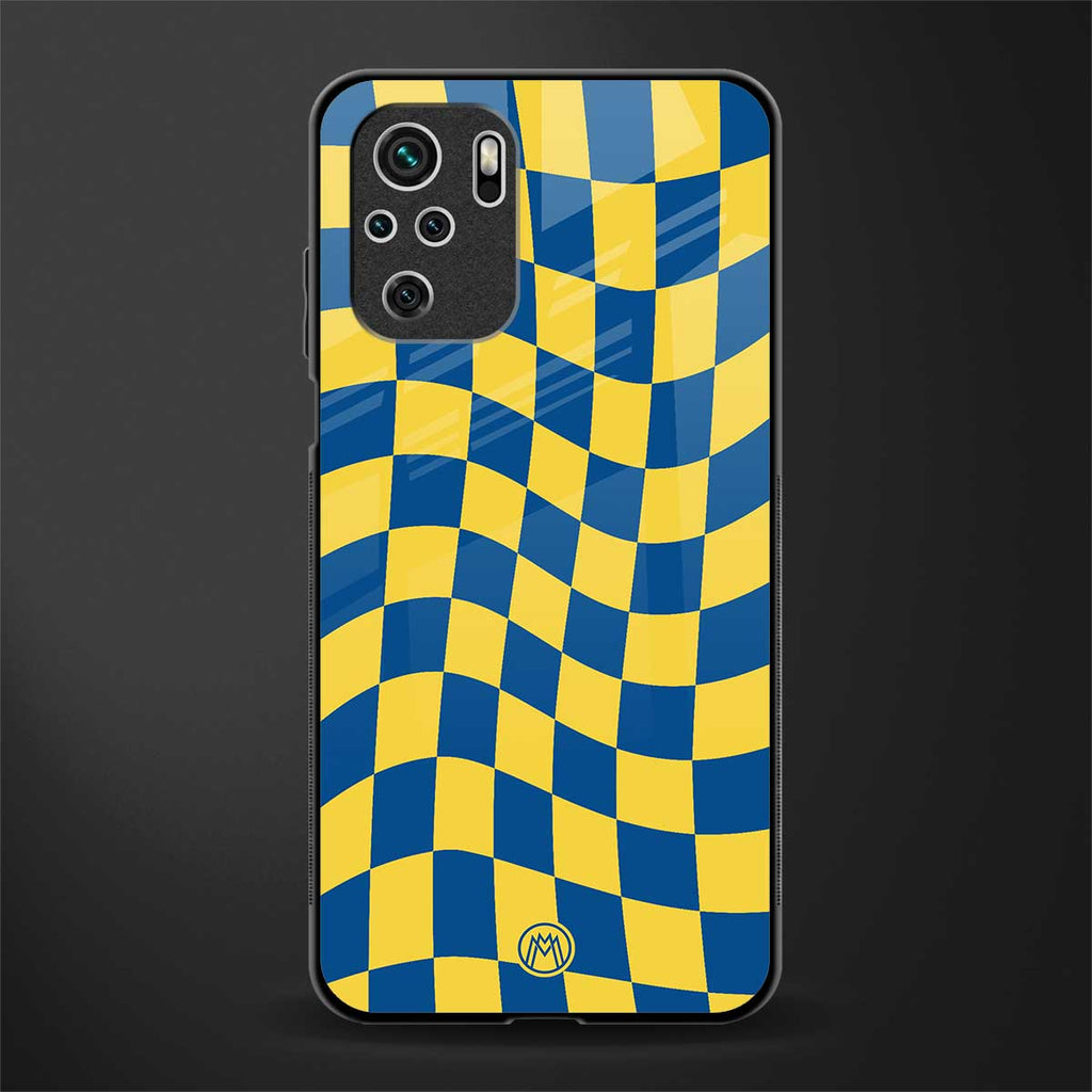 yellow blue trippy check pattern glass case for redmi note 10 image
