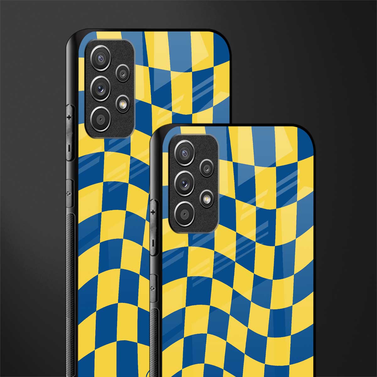 yellow blue trippy check pattern glass case for samsung galaxy a72 image-2