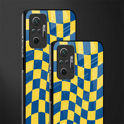 yellow blue trippy check pattern glass case for redmi note 10 pro image-2