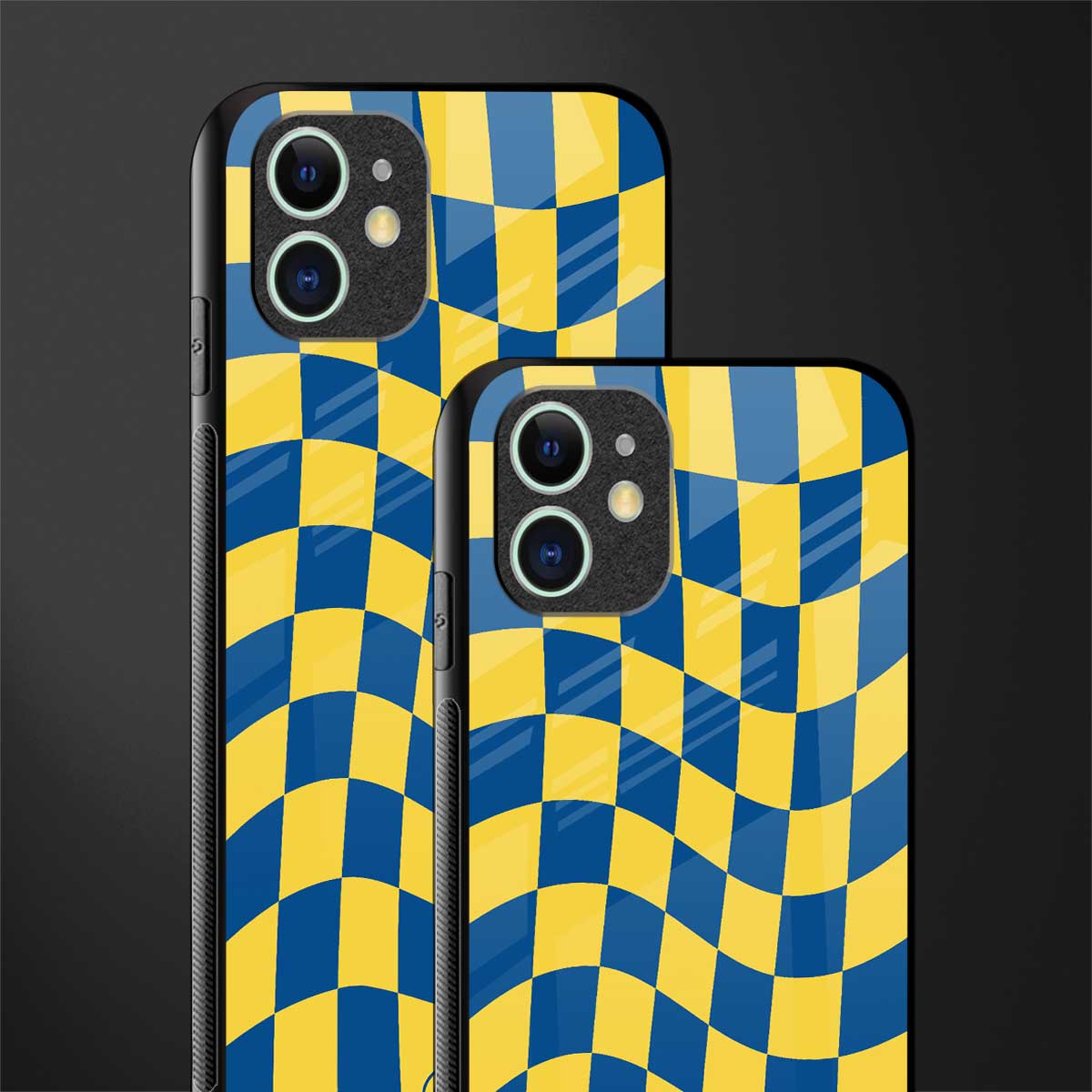yellow blue trippy check pattern glass case for iphone 12 mini image-2