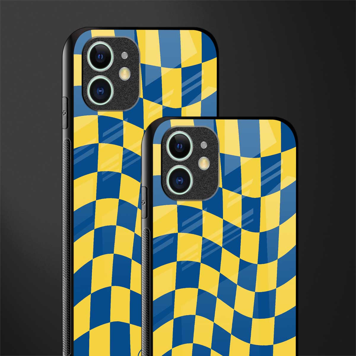 yellow blue trippy check pattern glass case for iphone 12 image-2