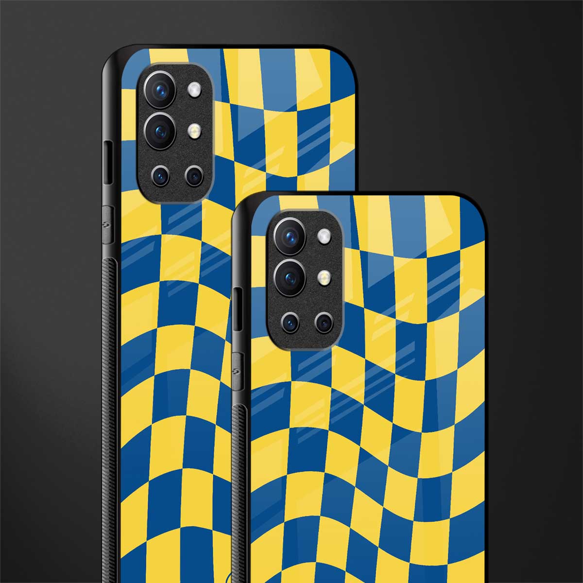 yellow blue trippy check pattern glass case for oneplus 9r image-2