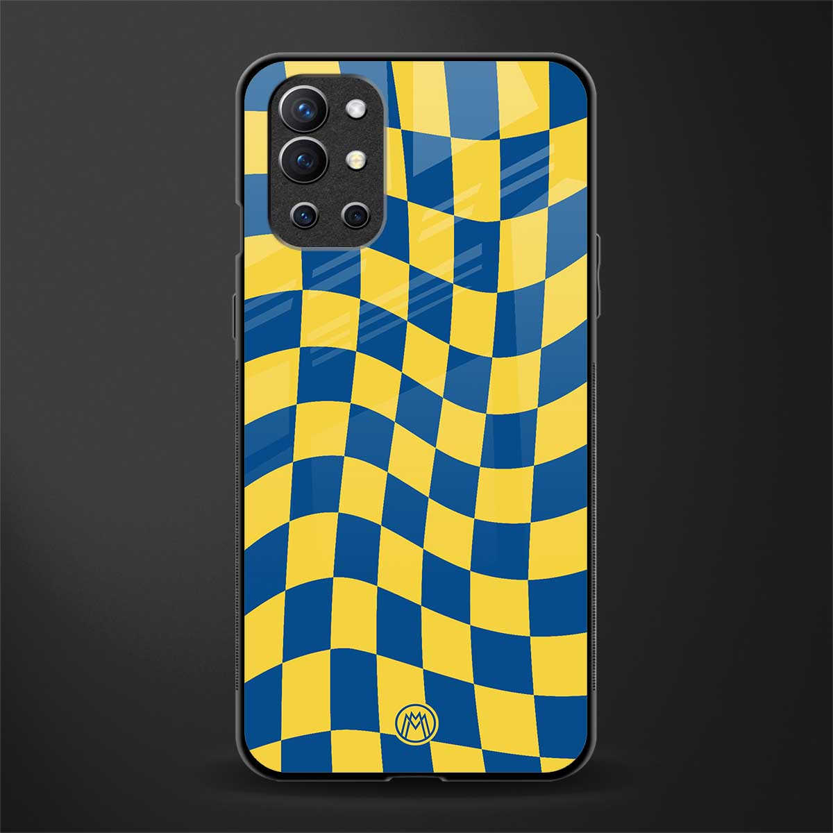 yellow blue trippy check pattern glass case for oneplus 9r image