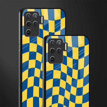 yellow blue trippy check pattern glass case for oppo f19 pro image-2