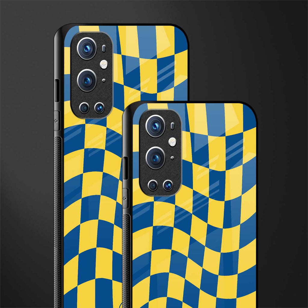 yellow blue trippy check pattern glass case for oneplus 9 pro image-2