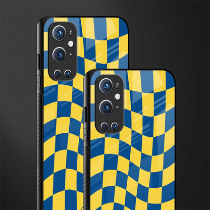 yellow blue trippy check pattern glass case for oneplus 9 pro image-2