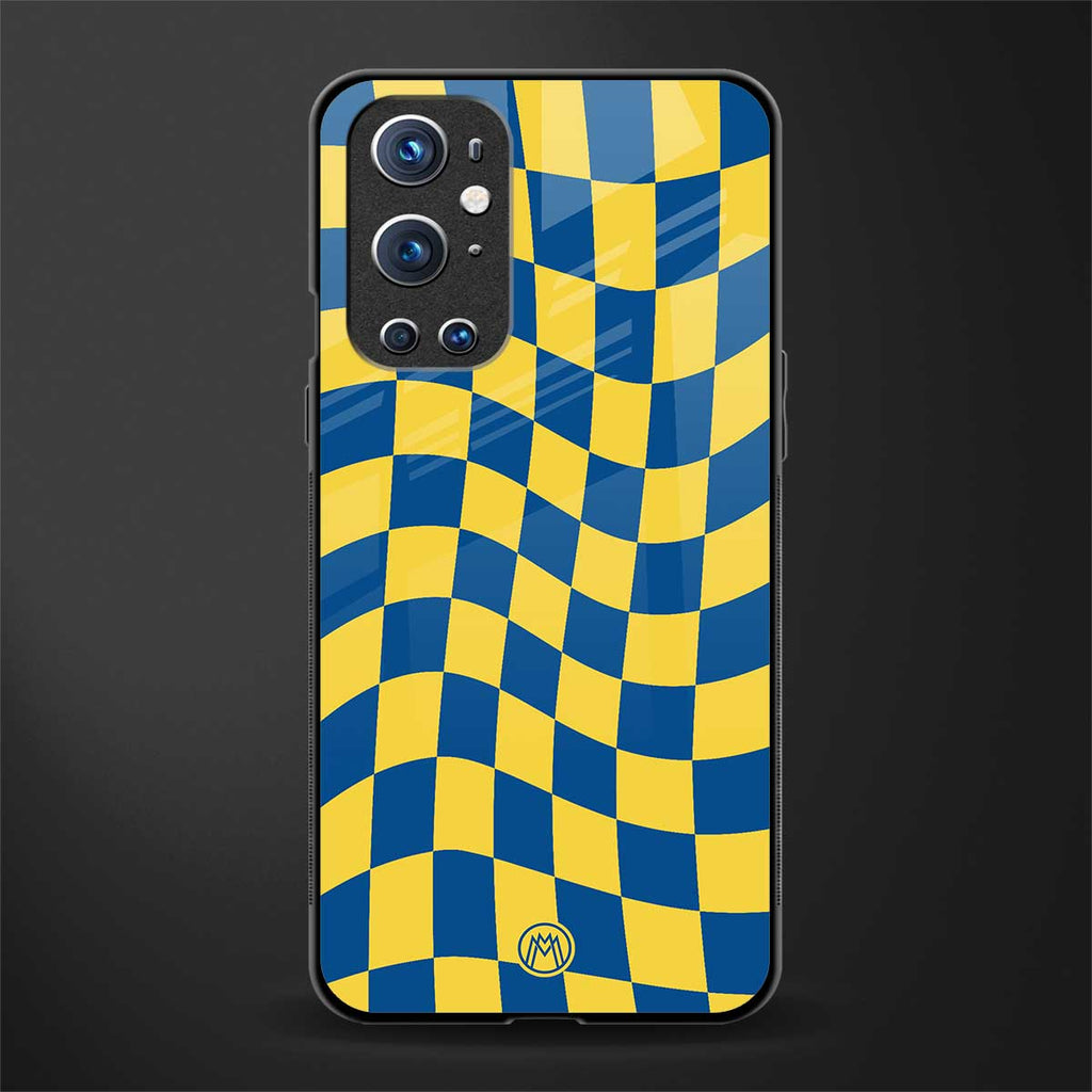 yellow blue trippy check pattern glass case for oneplus 9 pro image