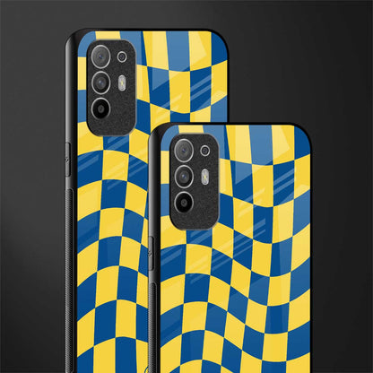 yellow blue trippy check pattern glass case for oppo f19 pro plus image-2