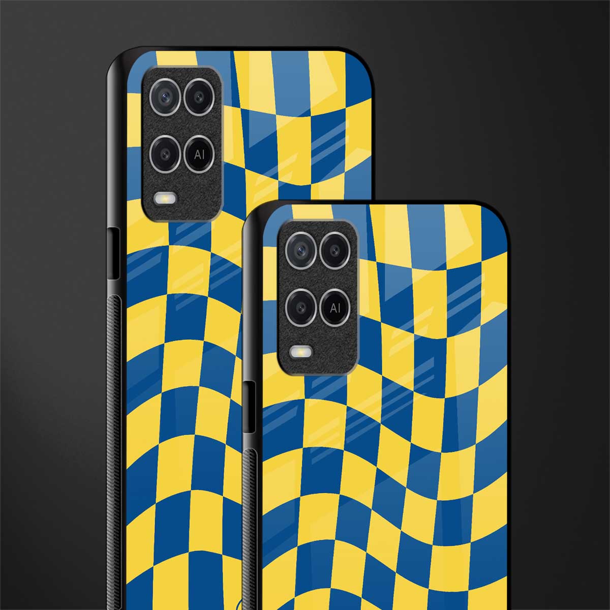 yellow blue trippy check pattern glass case for oppo a54 image-2