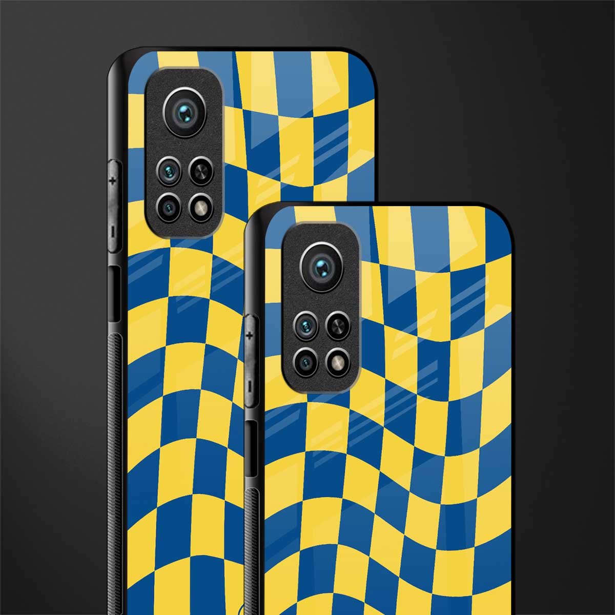 yellow blue trippy check pattern glass case for mi 10t 5g image-2