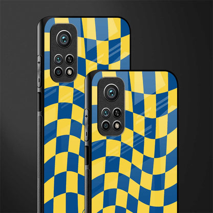 yellow blue trippy check pattern glass case for mi 10t 5g image-2