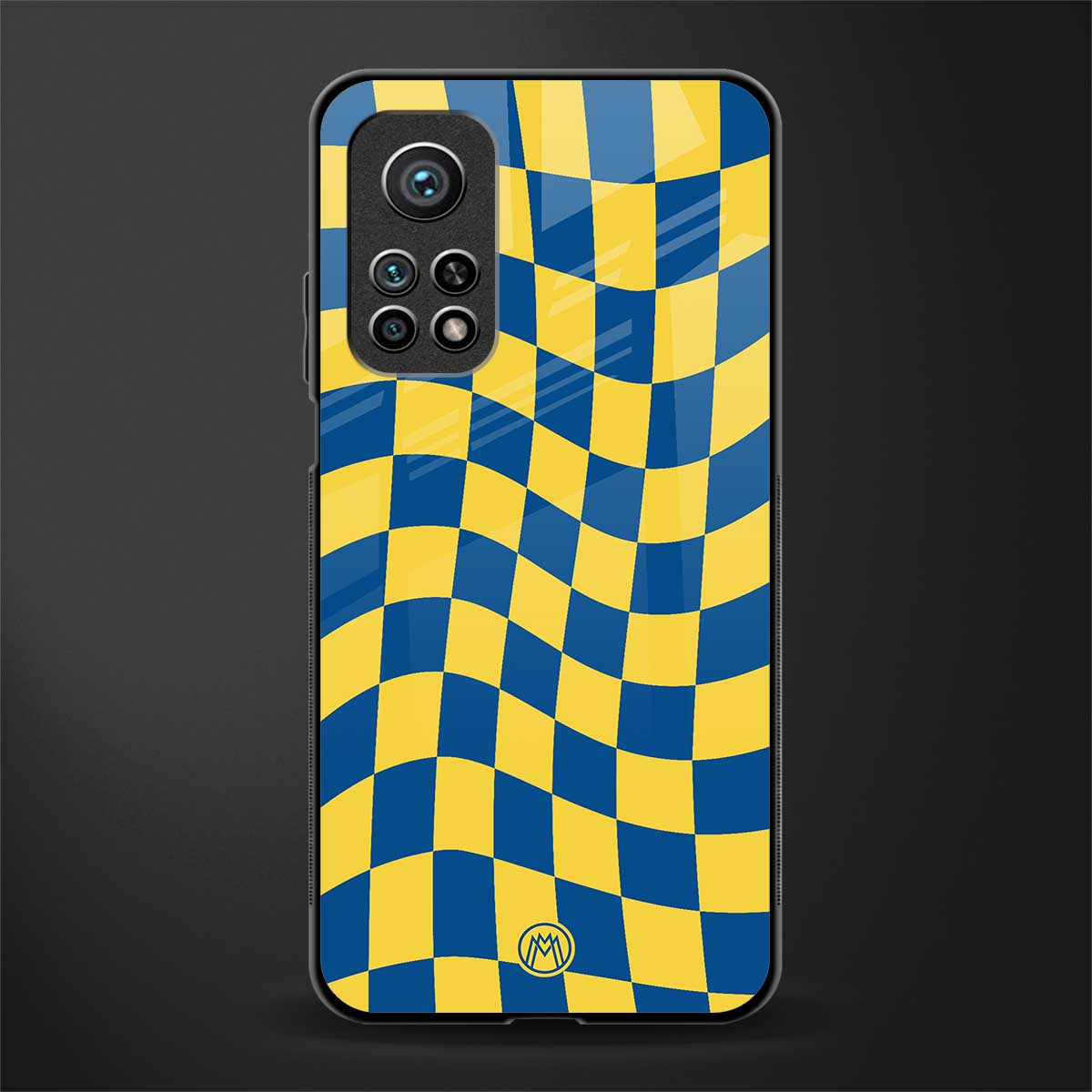 yellow blue trippy check pattern glass case for mi 10t 5g image