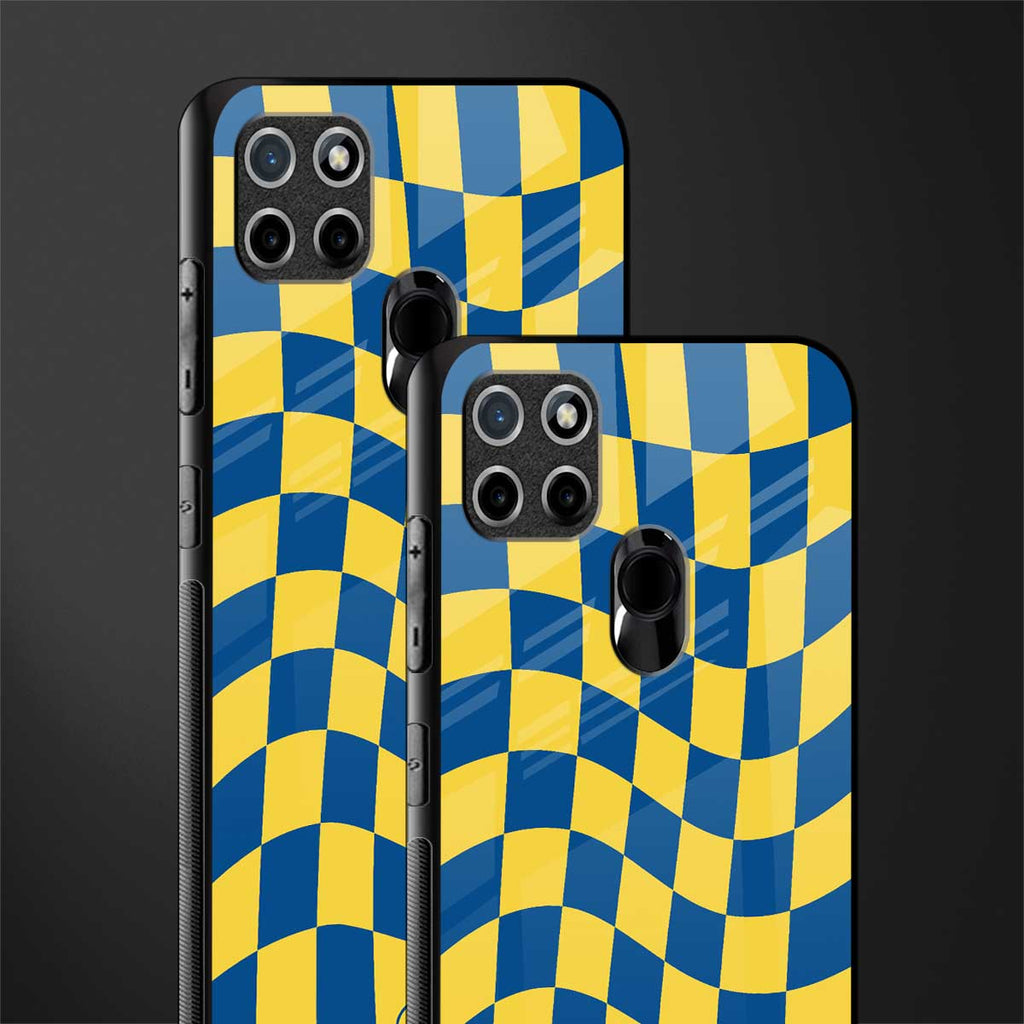 yellow blue trippy check pattern glass case for realme c21 image-2
