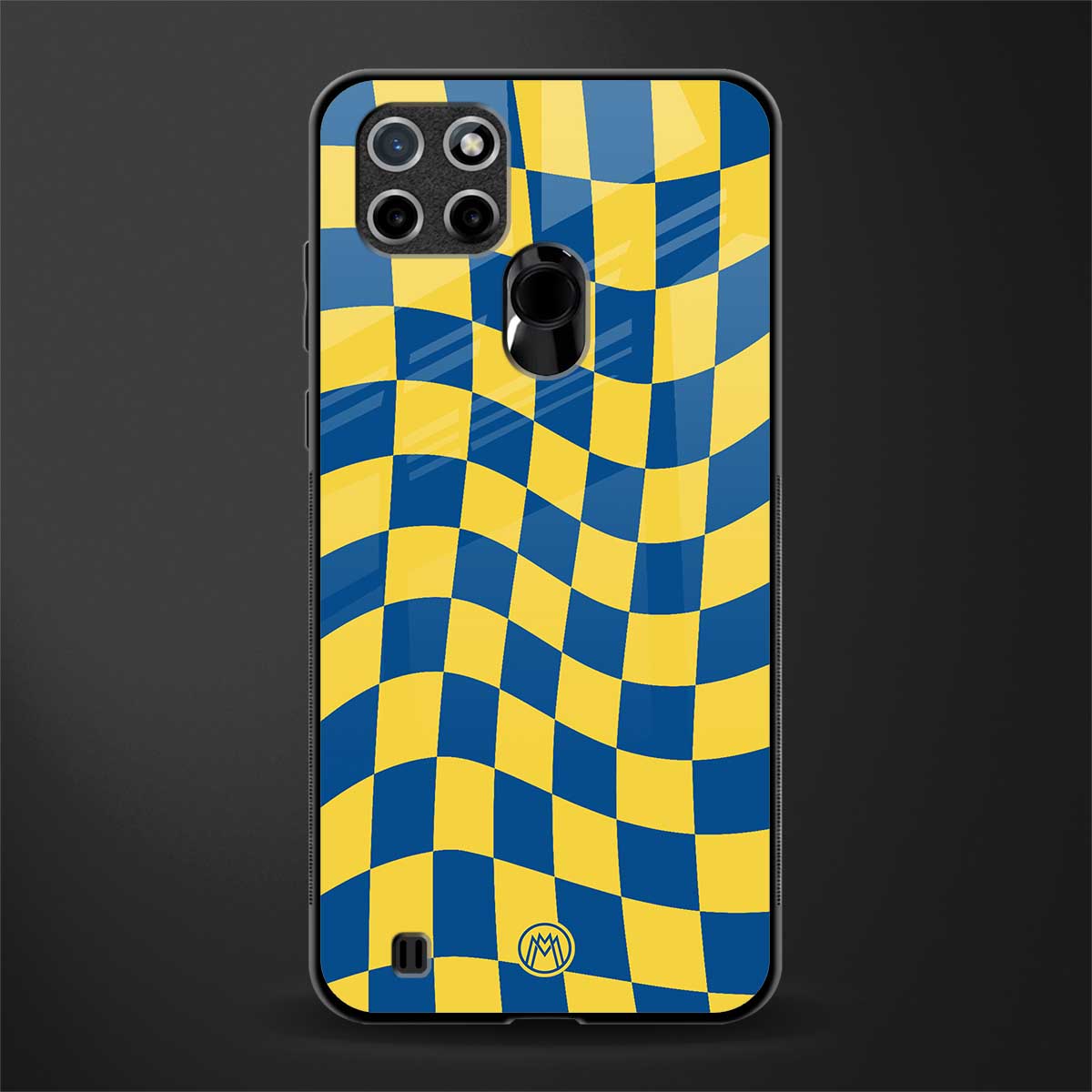 yellow blue trippy check pattern glass case for realme c21 image