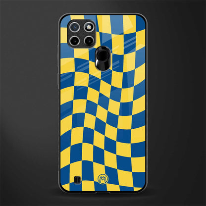 yellow blue trippy check pattern glass case for realme c21 image