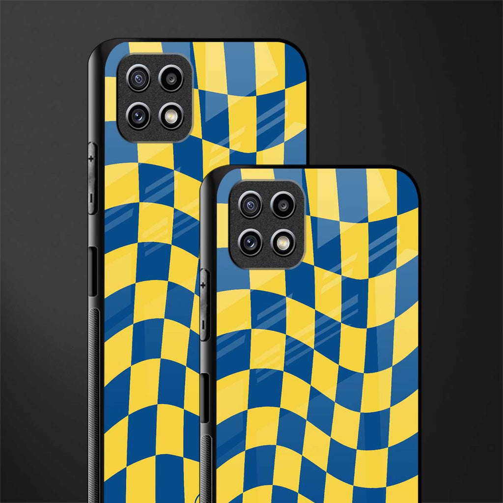 yellow blue trippy check pattern glass case for samsung galaxy a22 5g image-2