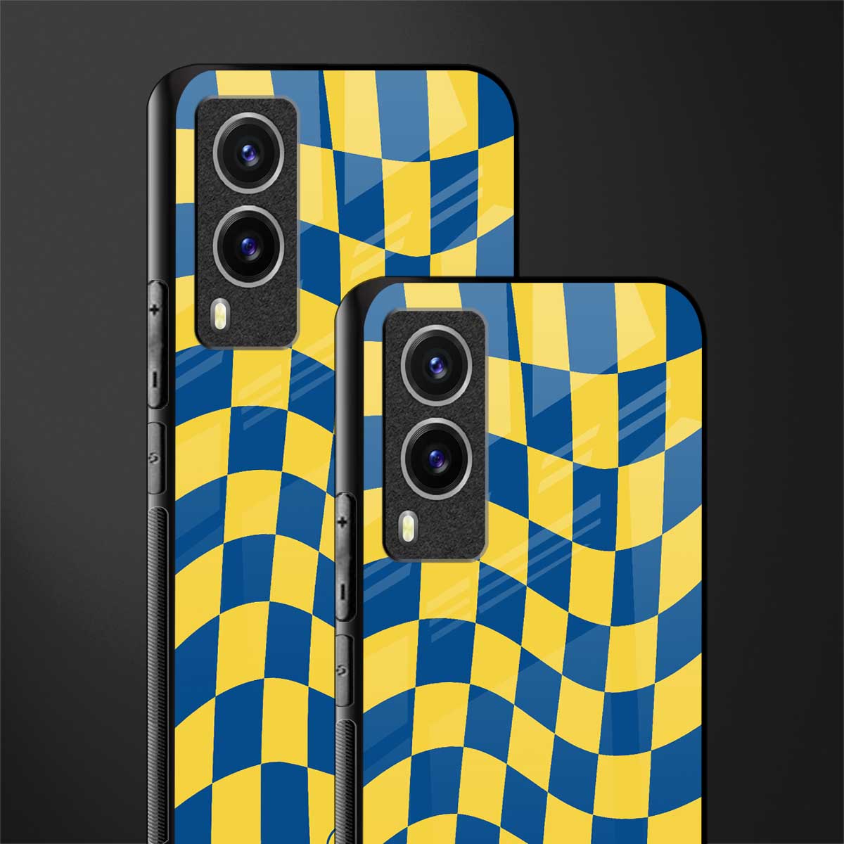 yellow blue trippy check pattern glass case for vivo v21e 5g image-2