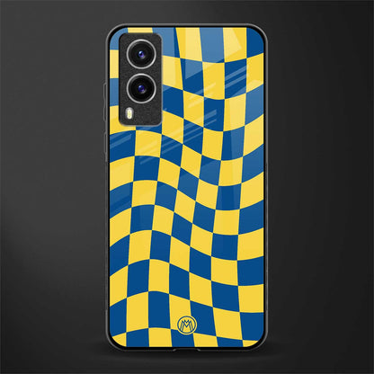 yellow blue trippy check pattern glass case for vivo v21e 5g image