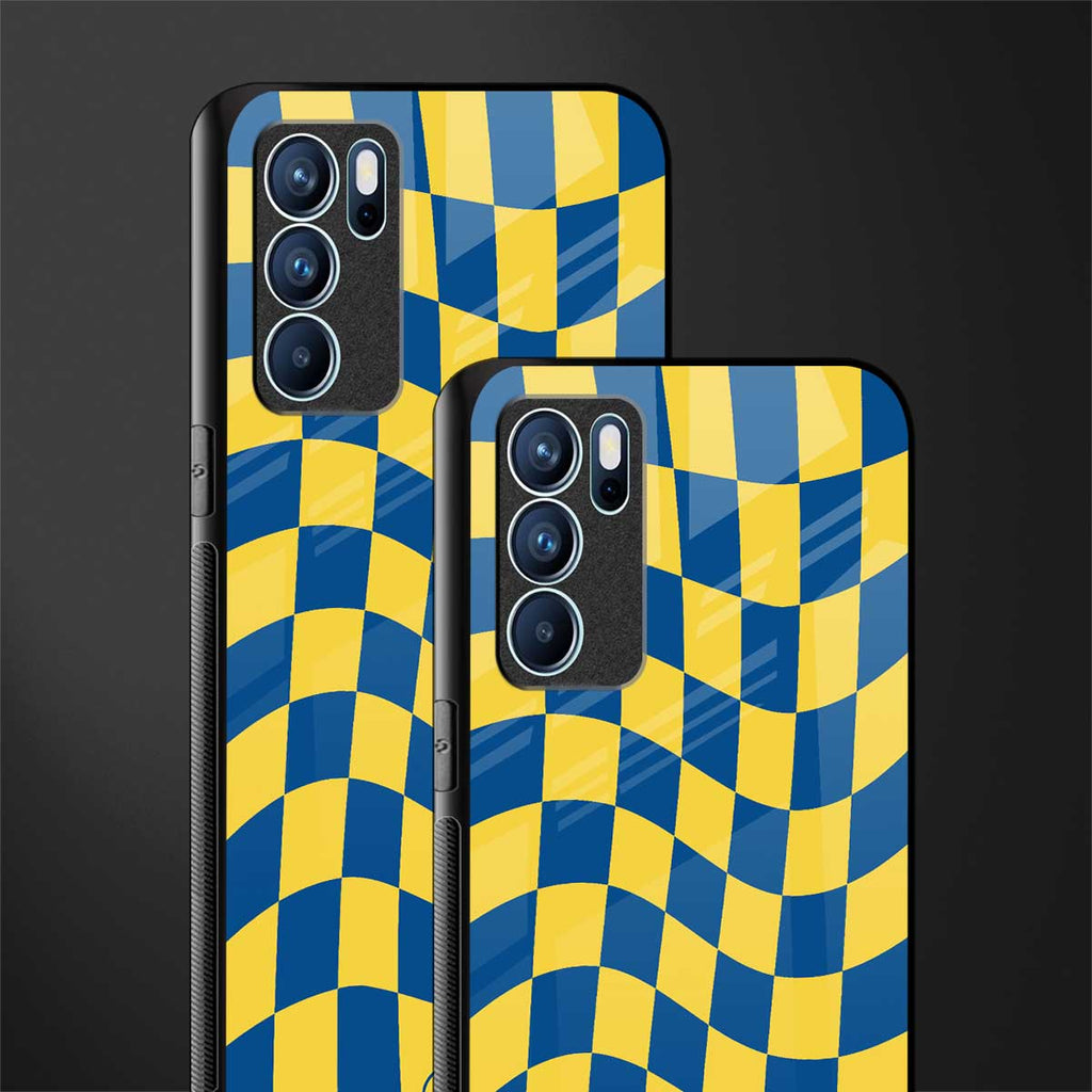 yellow blue trippy check pattern glass case for oppo reno6 pro 5g image-2