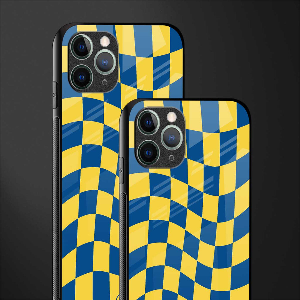 yellow blue trippy check pattern glass case for iphone 11 pro max image-2