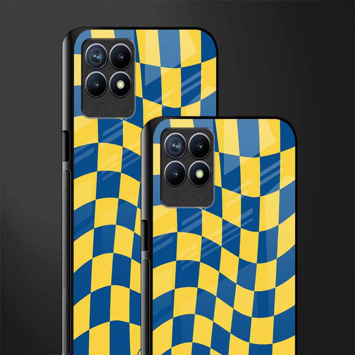yellow blue trippy check pattern glass case for realme narzo 50 image-2