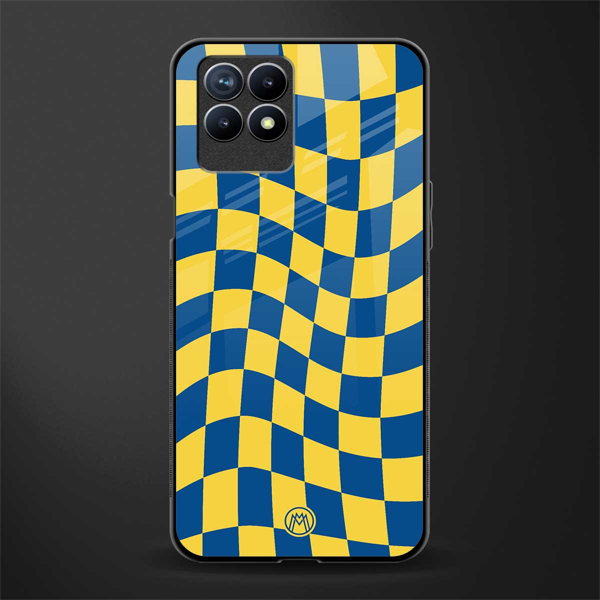 yellow blue trippy check pattern glass case for realme 8i image