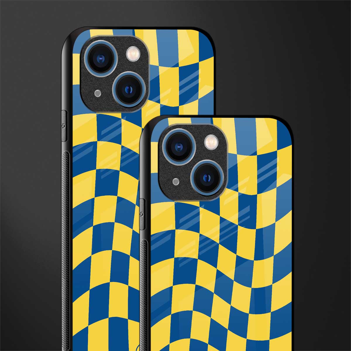 yellow blue trippy check pattern glass case for iphone 13 mini image-2