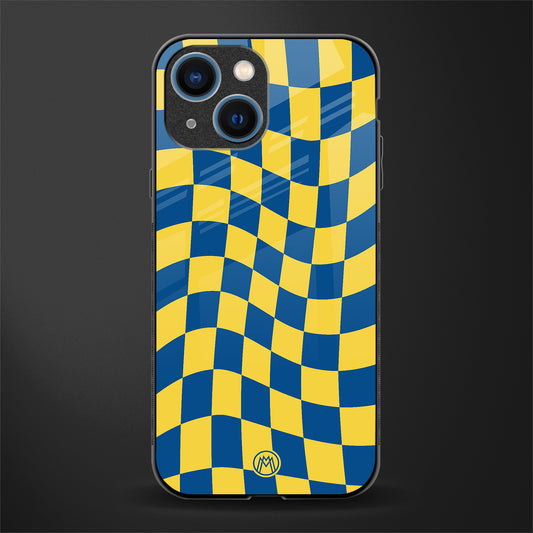 yellow blue trippy check pattern glass case for iphone 13 mini image