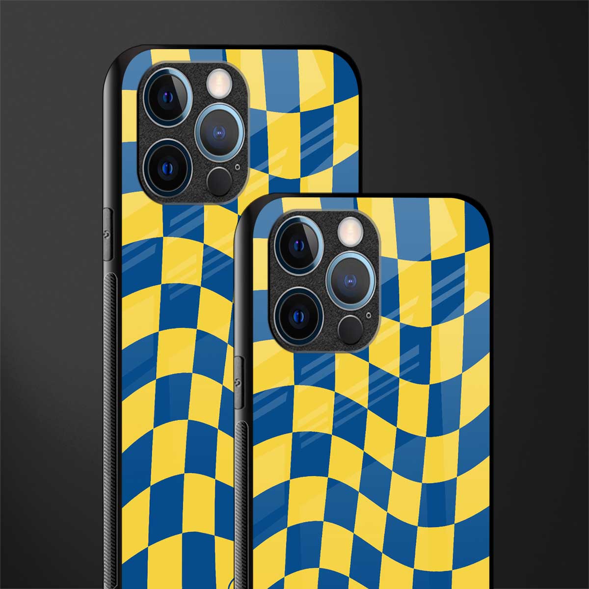yellow blue trippy check pattern glass case for iphone 12 pro image-2