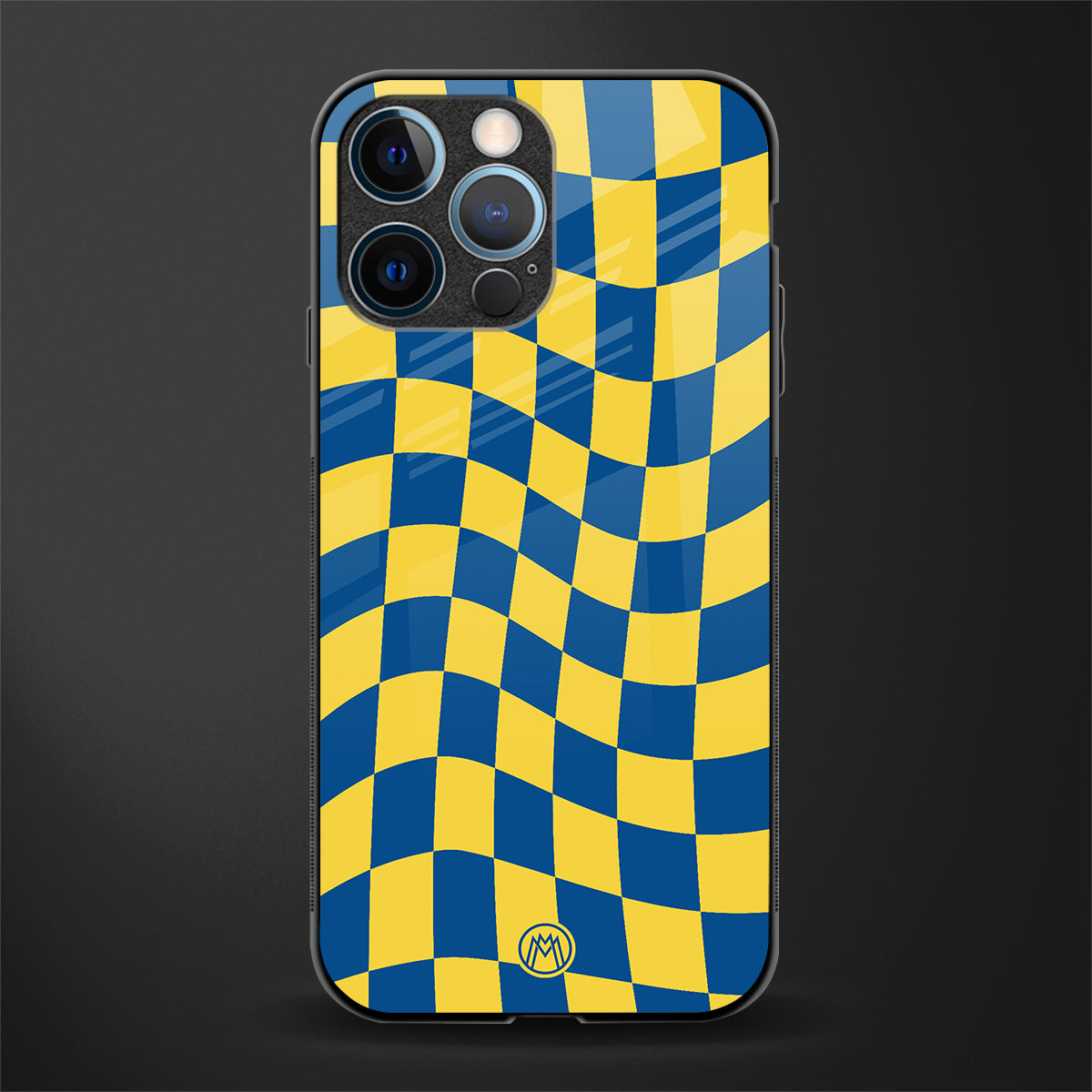 yellow blue trippy check pattern glass case for iphone 12 pro image