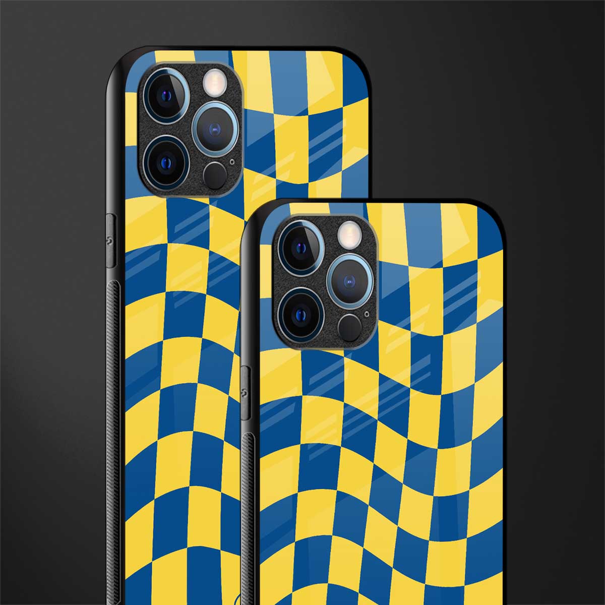 yellow blue trippy check pattern glass case for iphone 14 pro max image-2