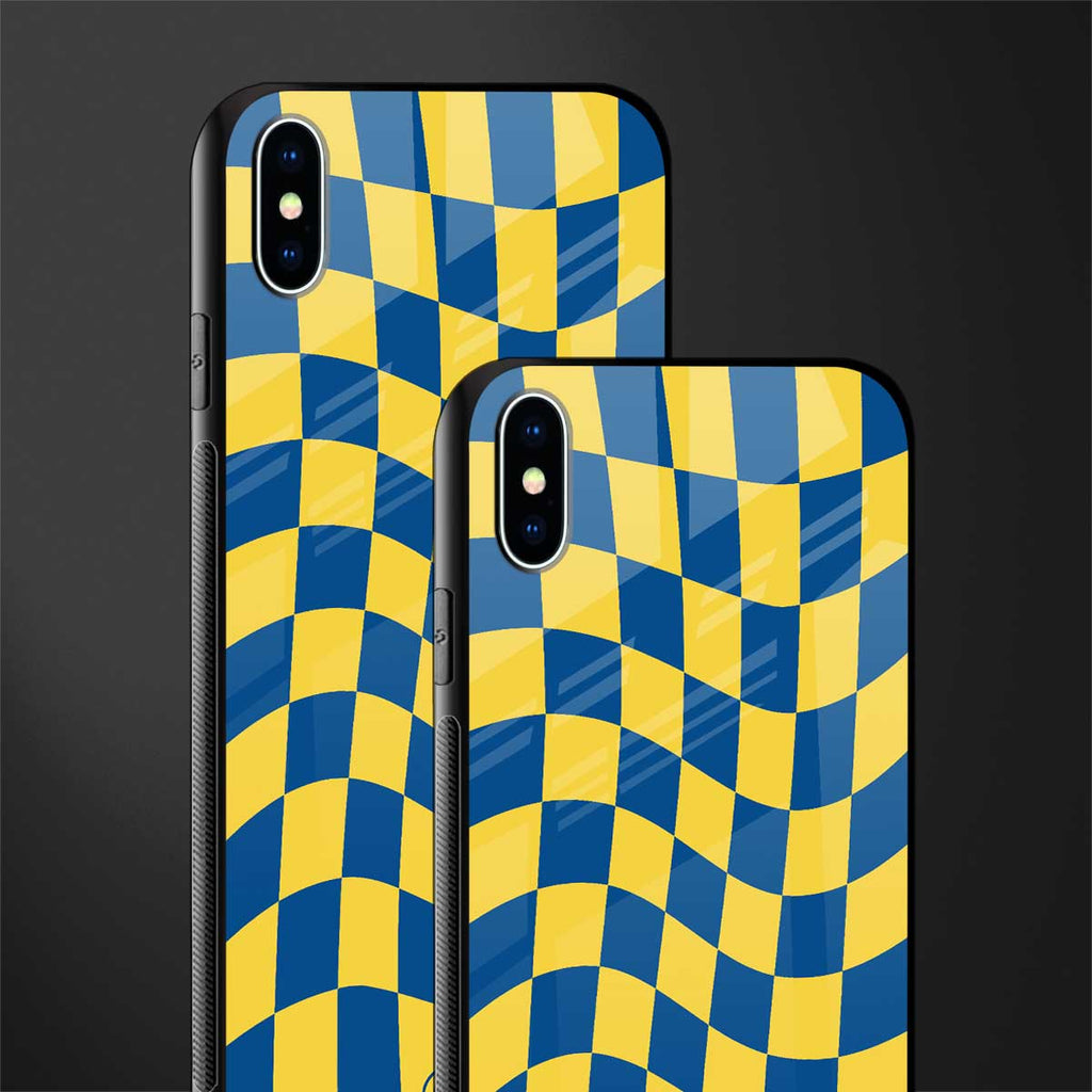 yellow blue trippy check pattern glass case for iphone xs max image-2