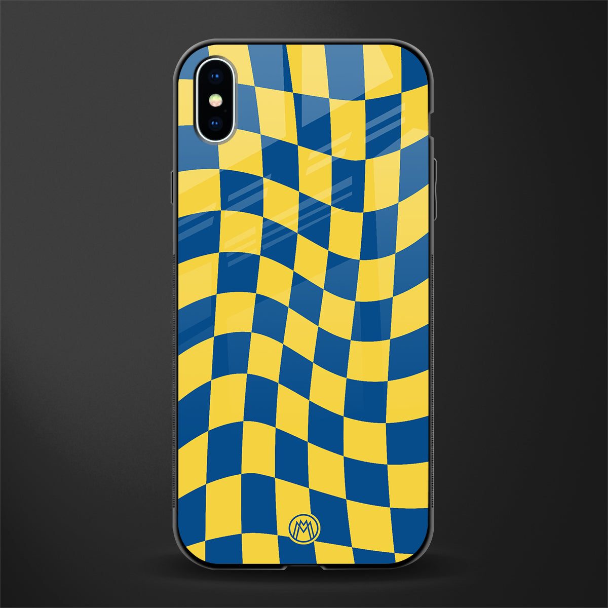 yellow blue trippy check pattern glass case for iphone xs max image