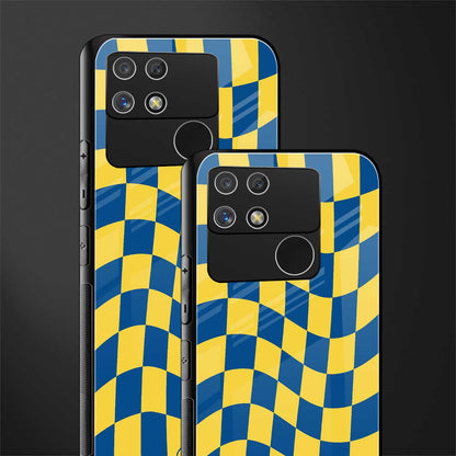 yellow blue trippy check pattern back phone cover | glass case for realme narzo 50a