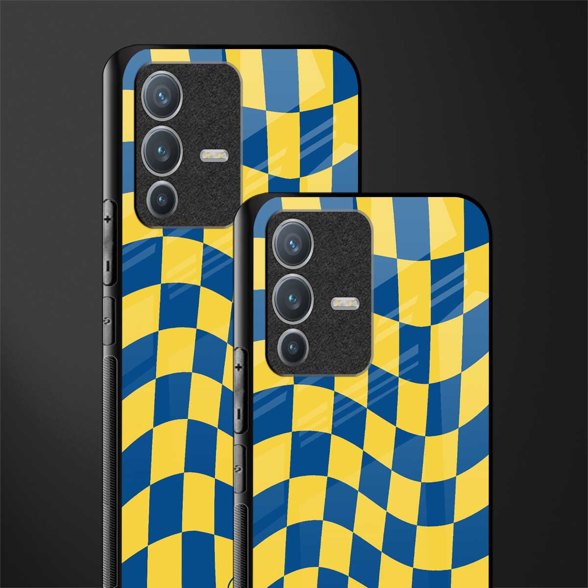 yellow blue trippy check pattern glass case for vivo v23 pro 5g image-2