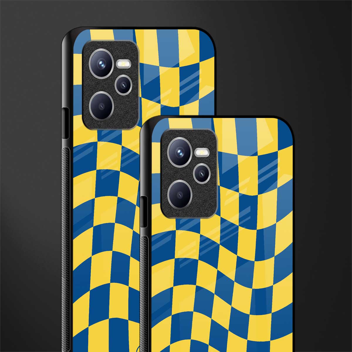 yellow blue trippy check pattern glass case for realme c35 image-2