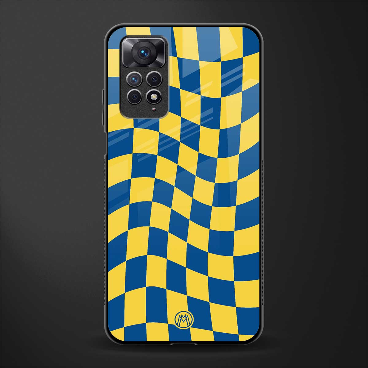 yellow blue trippy check pattern back phone cover | glass case for redmi note 11 pro plus 4g/5g