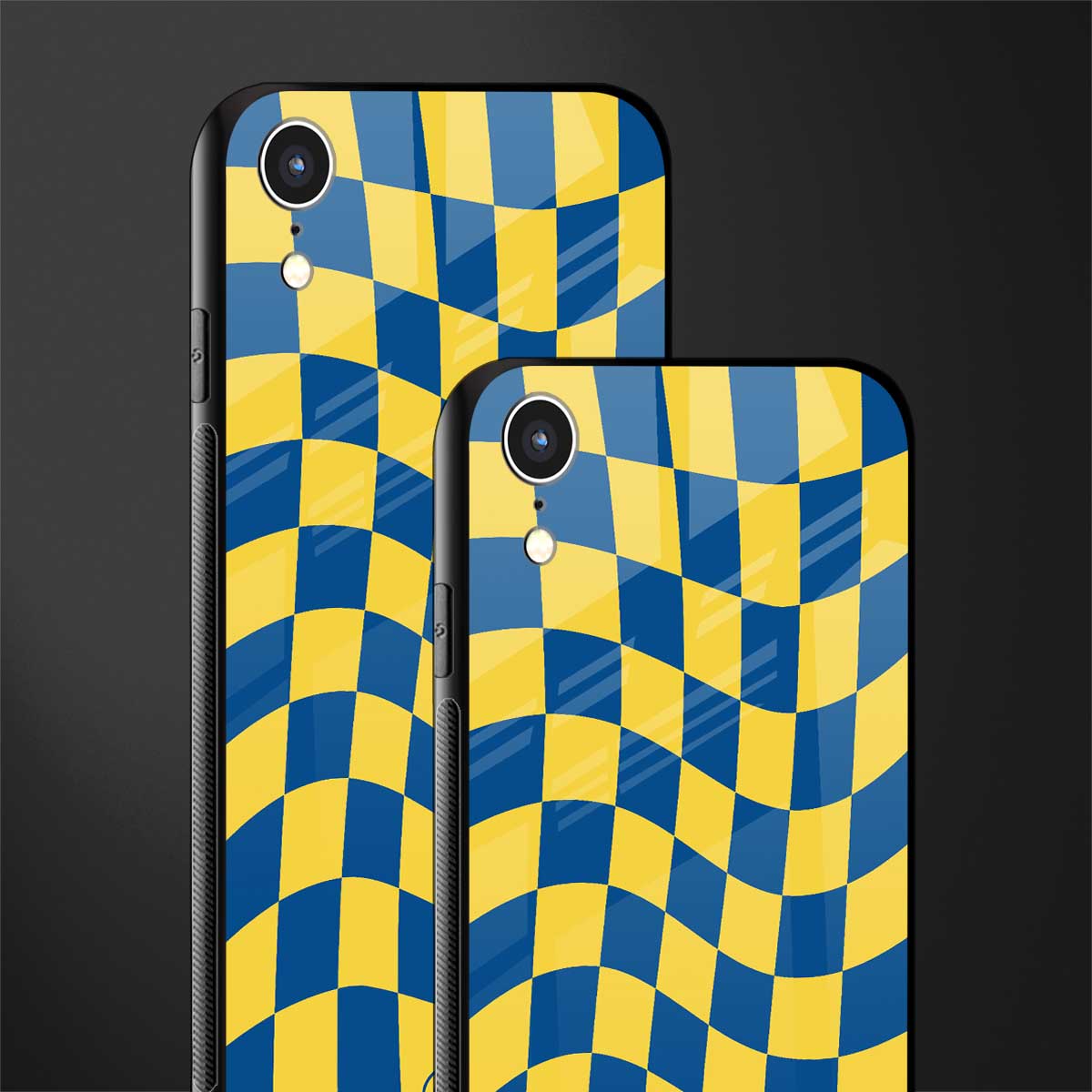 yellow blue trippy check pattern glass case for iphone xr image-2