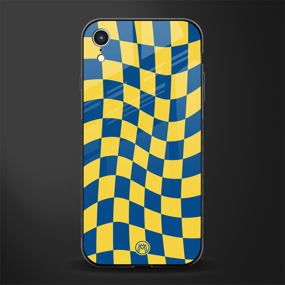yellow blue trippy check pattern glass case for iphone xr image