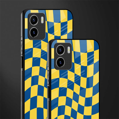 yellow blue trippy check pattern glass case for vivo y15s image-2