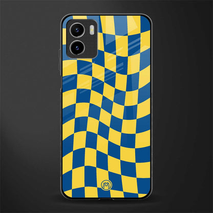 yellow blue trippy check pattern glass case for vivo y15s image